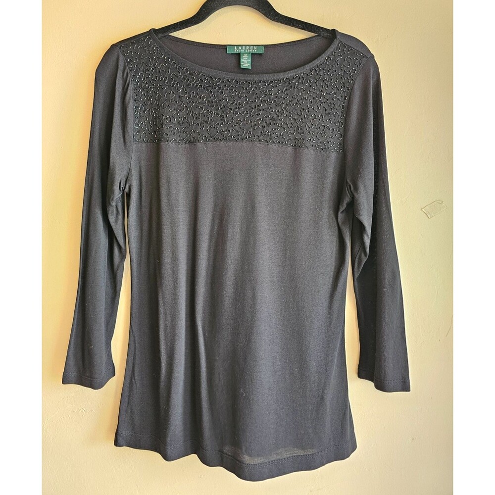 Lauren Ralph Lauren Women's Beaded Semi Sheer Blouse Top Black Size M